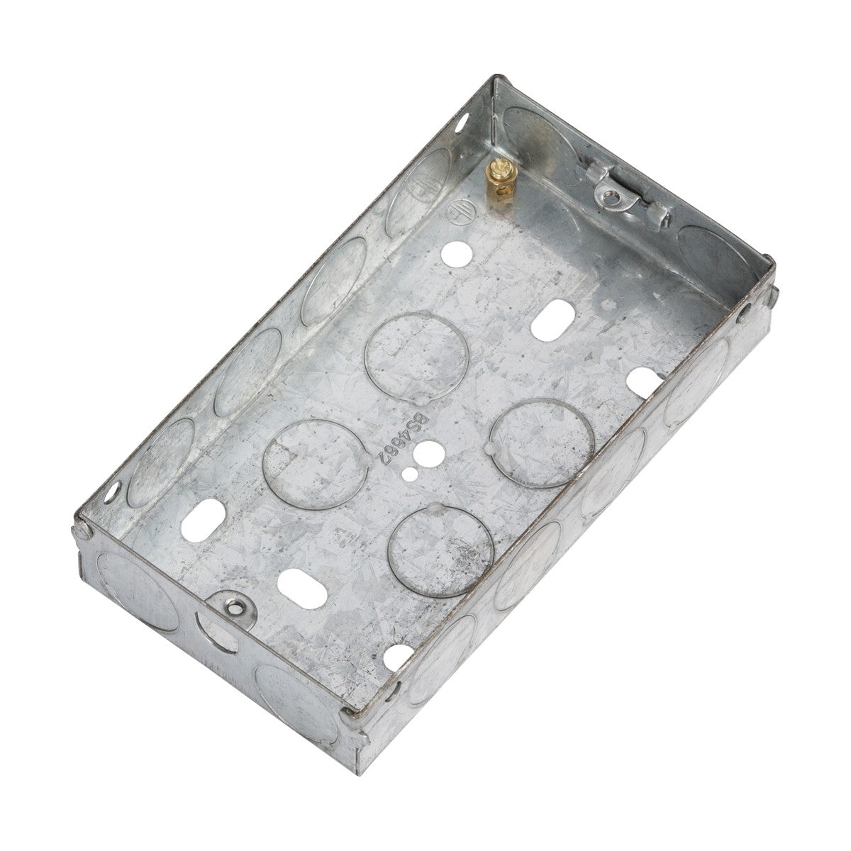 The 2 Gang 25mm Galvanised Steel Box is a metal electrical enclosure made from galvanized steel, featuring multiple knockouts for wiring. It has a rectangular shape and a smooth silver finish, designed to house electrical connections. This product complies with EN 60670 standards and includes an earth terminal for safety.