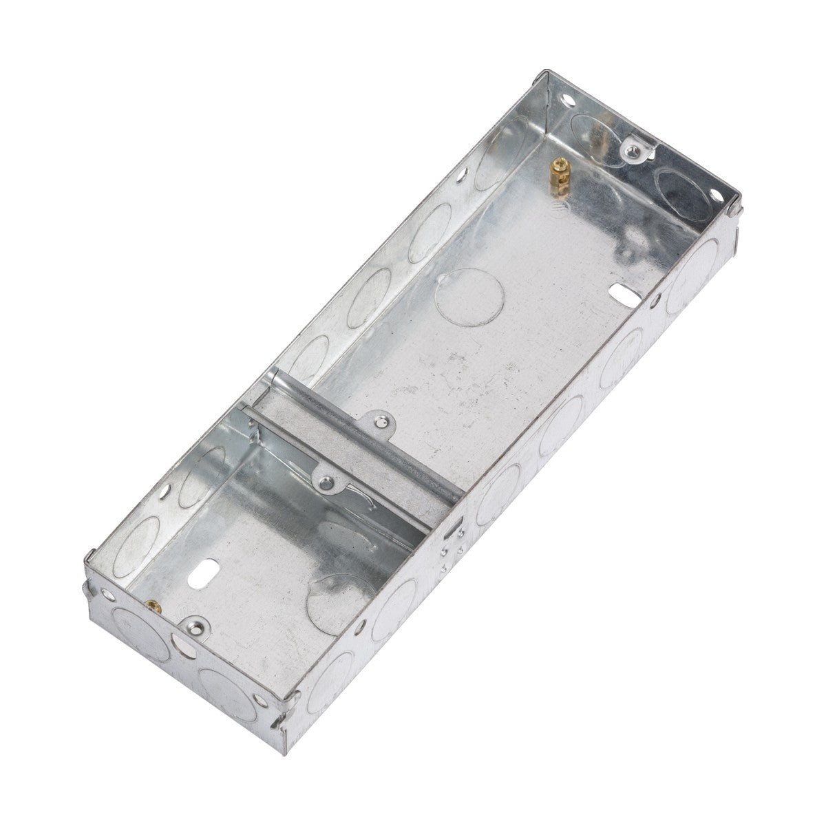 The 3 Gang 35mm Single Plus Double Galvanized Steel Box is an open and empty rectangular metal electrical junction box designed with multiple circular knockouts on its sides. It includes internal screw holes and a central brace for mounting components, while also having space for optional earth terminals.