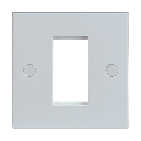 Introducing the 1 Gang Modular Faceplate in white, ideal for custom installations. It includes two centrally located circular screw holes on each side and a rectangular cutout tailored for a euro module, enabling seamless integration with TV, DATA, HDMI, USB, and TEL connections.