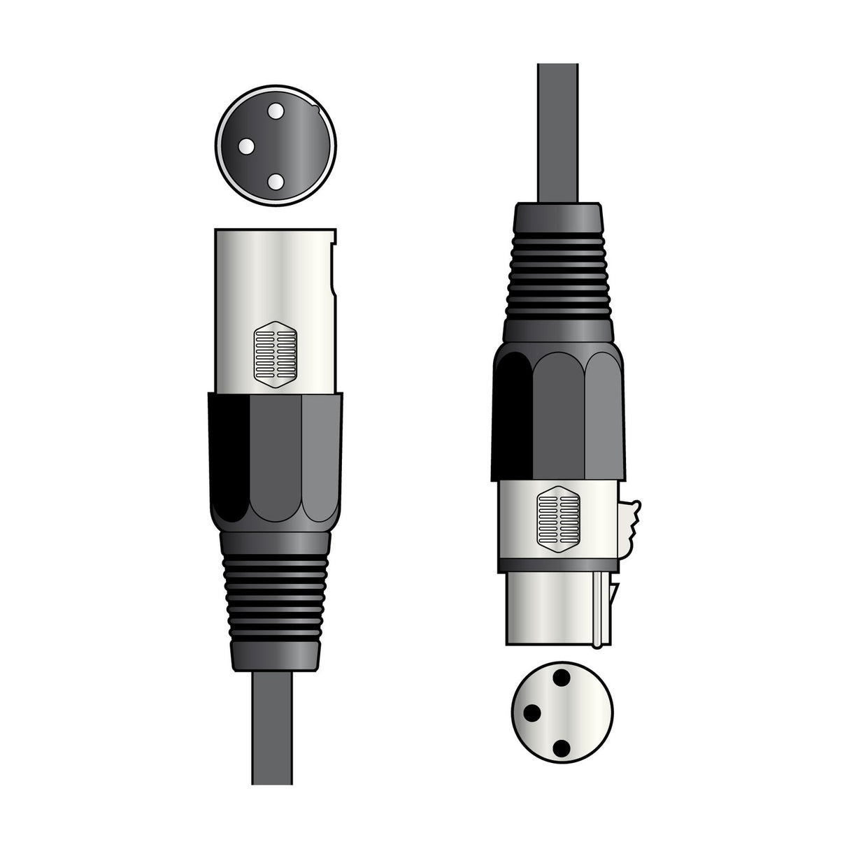 QTX DMX 1.5m lighting lead with 3-pin XLR plug and 3-pin XLR socket, shown with connector pin diagrams on a plain white background.