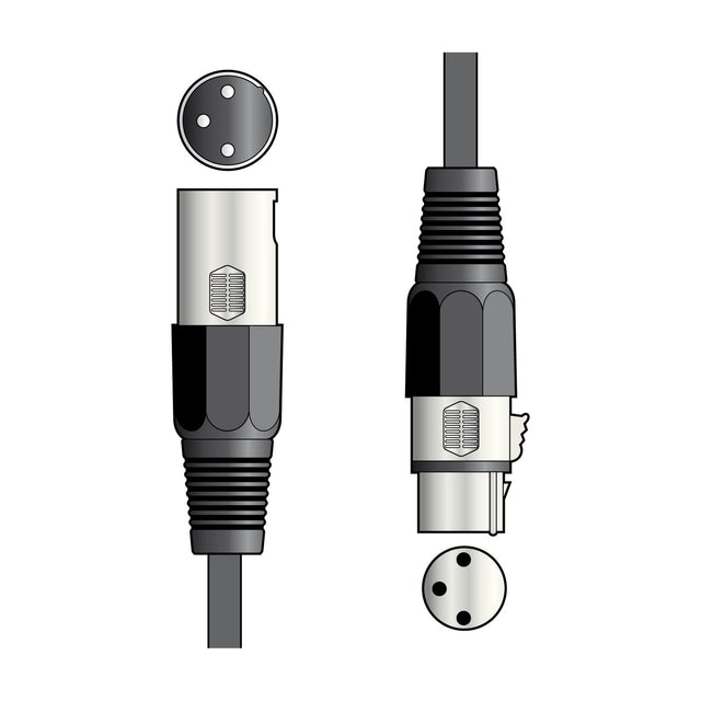 QTX DMX 1.5m lighting lead with 3-pin XLR plug and 3-pin XLR socket, shown with connector pin diagrams on a plain white background.