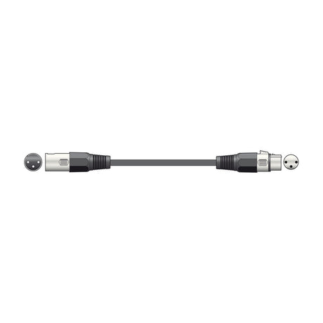 QTX DMX 3m lighting lead with 3-pin XLR male plug and 3-pin XLR female socket in black and silver, shown with connector pin views on a white background.