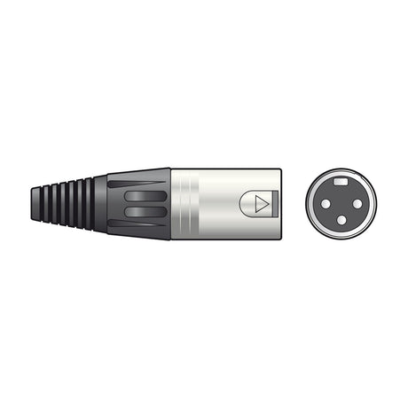 QTX DMX Terminator 120 Ohms 3-pin XLR plug in black and silver with side and pin-end views on a white background.