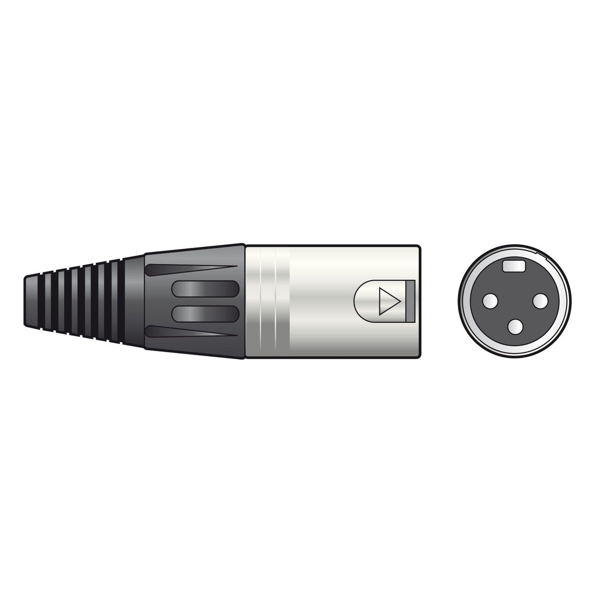 A depiction of a QTX DMX Terminator 120 Ohms, showing a 3-pin XLR connector for DMX systems with both side and front views where the pins are visible. The metallic body includes a black ribbed strain relief at one end, engineered to ensure optimal signal transmission with an integrated 120 Ohms resistor.