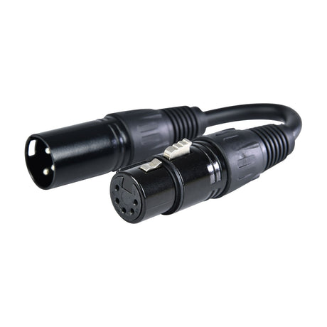 QTX 3-pin male to 5-pin female DMX adaptor cable in black with short 200mm lead, shown on a plain white background.