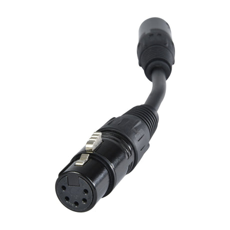 QTX 3-Pin to 5-Pin DMX adaptor cable by AVSL with black male 3-pin XLR and female 5-pin XLR connectors, shown on a plain white background.