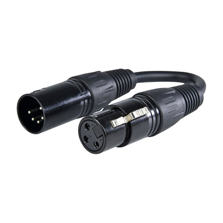 QTX 3-pin to 5-pin DMX adaptor cable by AVSL, showing black 5-pin male XLR and 3-pin female XLR connectors joined by a short lead on white.