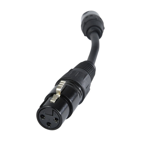 QTX 3-pin to 5-pin DMX adaptor cable by AVSL, showing the black 3-pin female XLR connector and short lead on a plain white background.