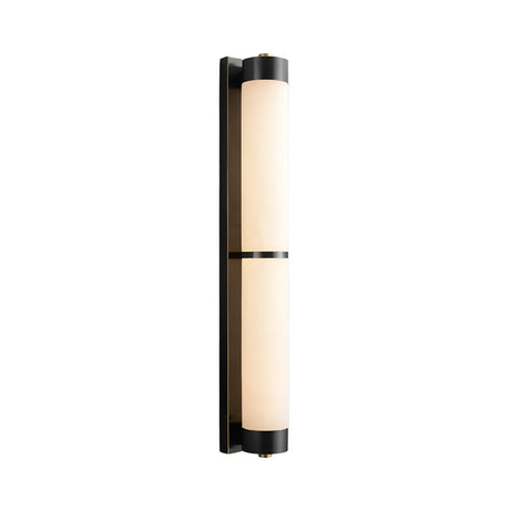 The Arelis LED Linear Alabaster Wall Light in Soft White & Black features two cylindrical alabaster shades on a slim black backplate, offering minimalist, modern elegance and stylish illumination for contemporary spaces.