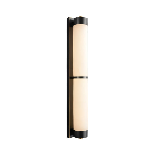 The Arelis LED Linear Alabaster Wall Light in Soft White & Black features two cylindrical alabaster shades on a slim black backplate, offering minimalist, modern elegance and stylish illumination for contemporary spaces.