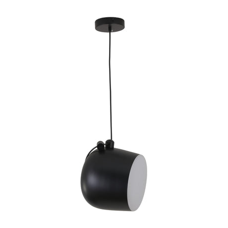 The Mono LED Pendant Light - Black is a modern pendant with a cylindrical round shade and white front for diffused light, suspended by a cord—ideal for stylish kitchen lighting.