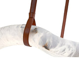 Close-up of the Serava LED Small Alabaster Loop Suspension Light in brown and soft white, featuring a curved translucent form with a brown accent strap, against a plain white background.