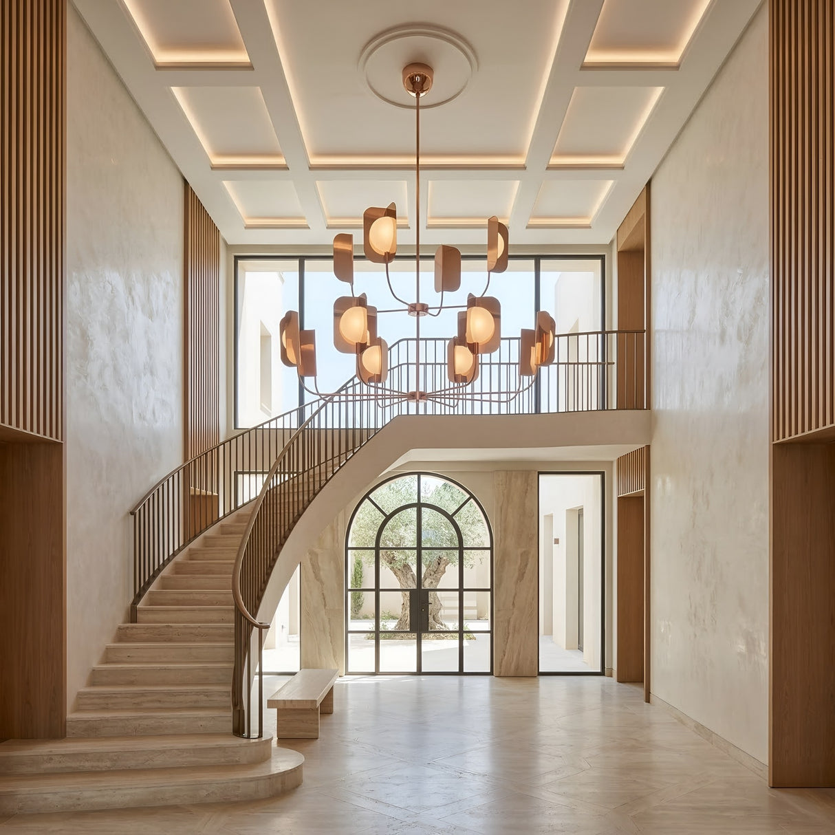 A grand foyer with a curved marble staircase, Petal 12 Light Chandelier - Copper, high coffered ceiling, and tall windows fills with natural light. A glass door at the back opens to an outdoor courtyard featuring a tree.