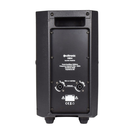 Rear view of Citronic CAB-6 passive PA speaker cabinet in black polypropylene with top handle, two Speakon sockets and specification label.