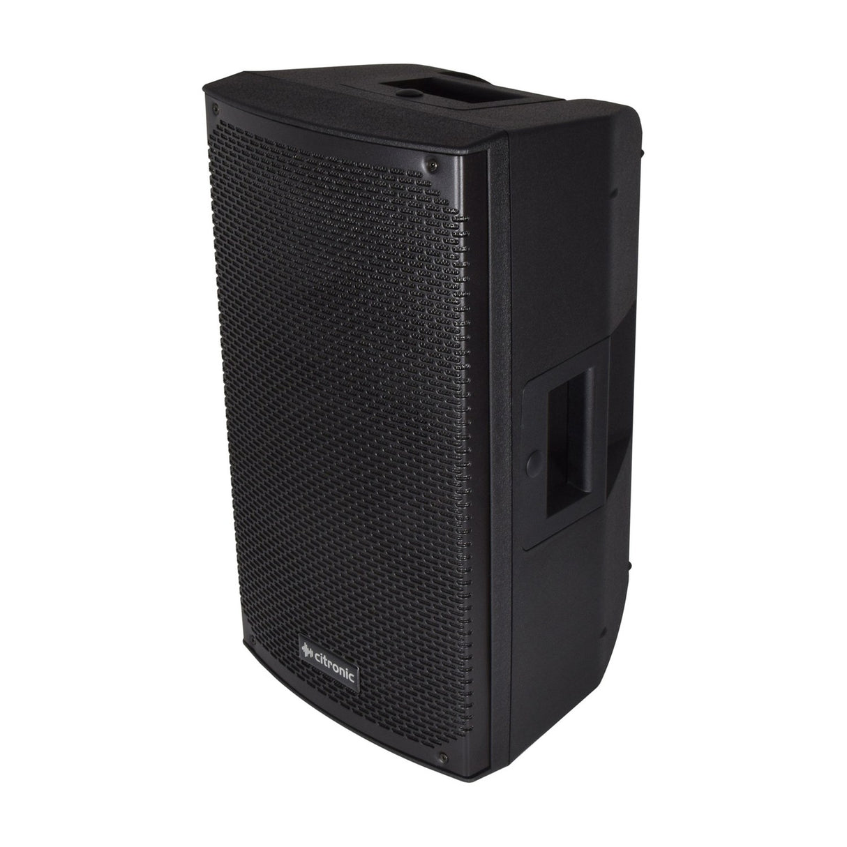 Citronic CAB-10 passive PA speaker cabinet in black moulded polypropylene with mesh grille, side carry handle and top pole mount socket.