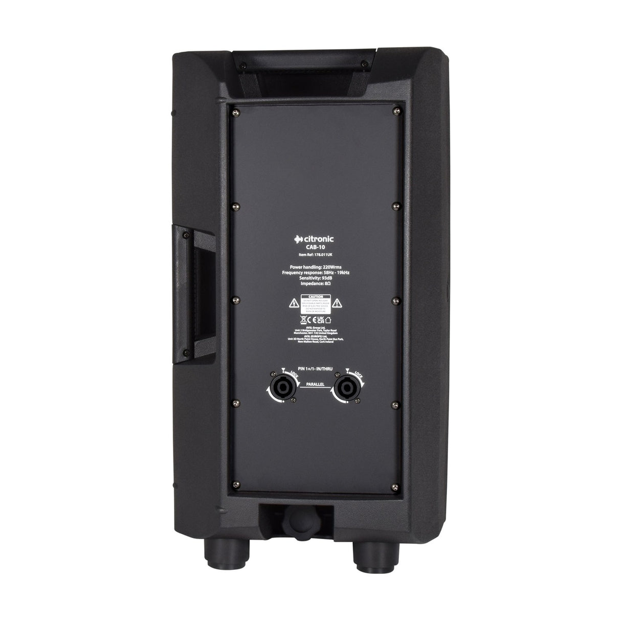 Rear view of Citronic CAB-10 passive PA speaker cabinet in black with two Speakon sockets, specification label and side carry handle on a white background.