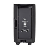 Rear view of Citronic CAB-10 passive PA speaker cabinet in black with two Speakon sockets, specification label and side carry handle on a white background.