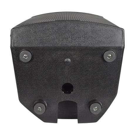 Bottom view of the Citronic CAB-12L active PA speaker showing black polypropylene base with four rubber feet and 35mm pole mount socket.