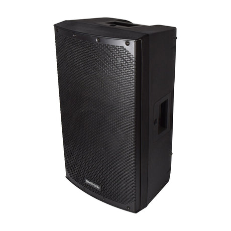 Citronic CAB-12 300W passive PA speaker cabinet in black moulded polypropylene with mesh grille and side carry handle, shown at an angle on white.