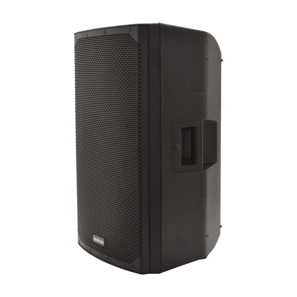Citronic CAB-15L active PA speaker in black moulded polypropylene, angled view showing mesh grille and side carry handle on a white background.