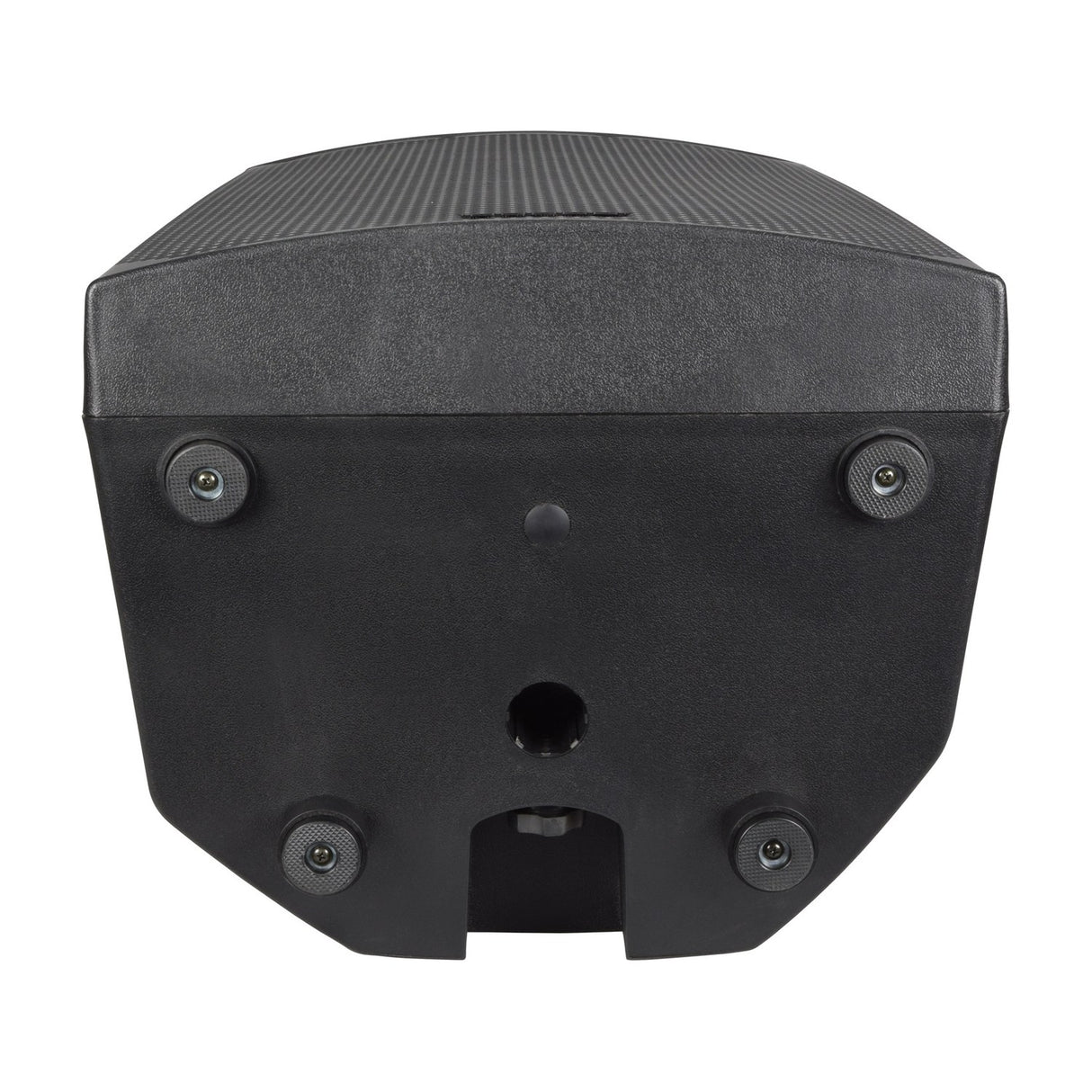 Base view of the Citronic CAB-15L active PA speaker showing the 35mm pole mount socket and four rubber feet on the black moulded cabinet.