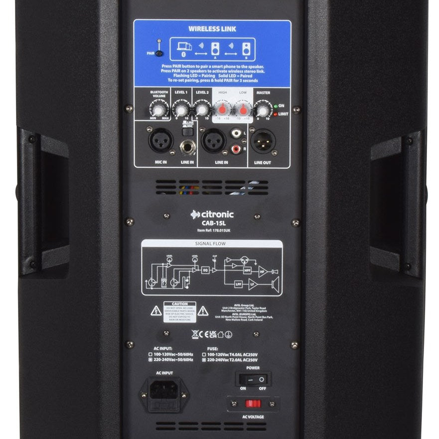 Rear panel of the Citronic CAB-15L Active PA Speaker showing Bluetooth wireless link controls, XLR and RCA inputs, volume knobs and IEC power inlet.