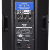 Rear panel of the Citronic CAB-15L Active PA Speaker showing Bluetooth wireless link controls, XLR and RCA inputs, volume knobs and IEC power inlet.