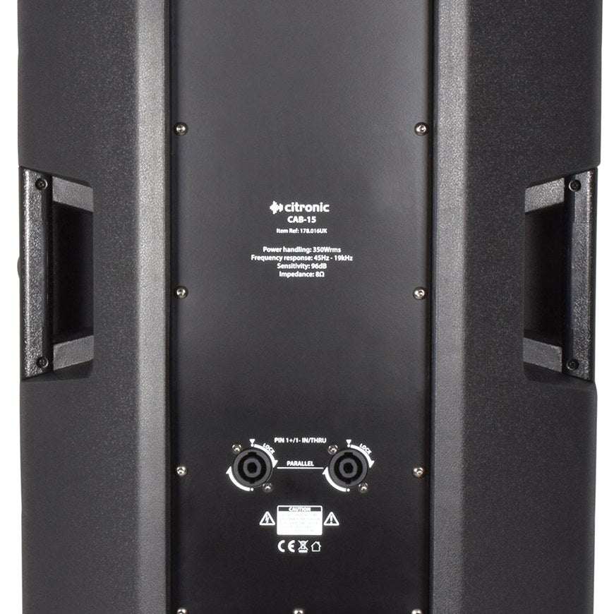 Rear view of the Citronic CAB-15 350W passive PA speaker cabinet showing two Speakon sockets, side carry handles, and specification label.