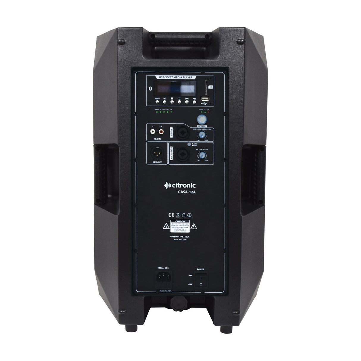 Rear view of Citronic CASA-12A active PA speaker showing USB/SD/Bluetooth media player, XLR/jack inputs, RCA sockets, DSP preset control and IEC power inlet.