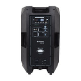 Rear view of Citronic CASA-12A active PA speaker showing USB/SD/Bluetooth media player, XLR/jack inputs, RCA sockets, DSP preset control and IEC power inlet.