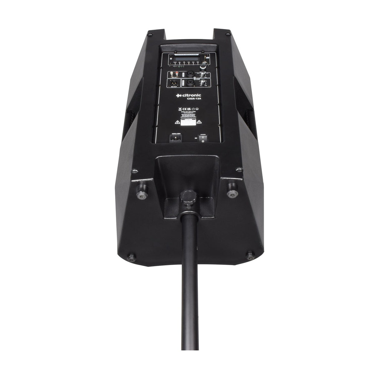 Rear view of the Citronic CASA-12A active PA speaker mounted on a pole stand, showing the DSP control panel, XLR and RCA inputs, and IEC power inlet.