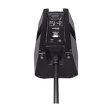 Rear view of the Citronic CASA-12A active PA speaker mounted on a pole stand, showing the DSP control panel, XLR and RCA inputs, and IEC power inlet.