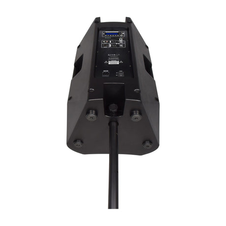 Rear view of the Citronic CASA-15A 15" 350W active PA speaker on a pole stand, showing the DSP display, XLR/jack inputs, RCA sockets and IEC power inlet.