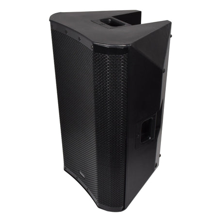 The Citronic CASA-15 Passive 15" Full Range PA Cabinet - 400W is shown against a white background. It features a black, angular design with a mesh front and a handle on top. With high-efficiency drivers, its modern and sleek build includes visible controls on the side for optimal sound reinforcement.