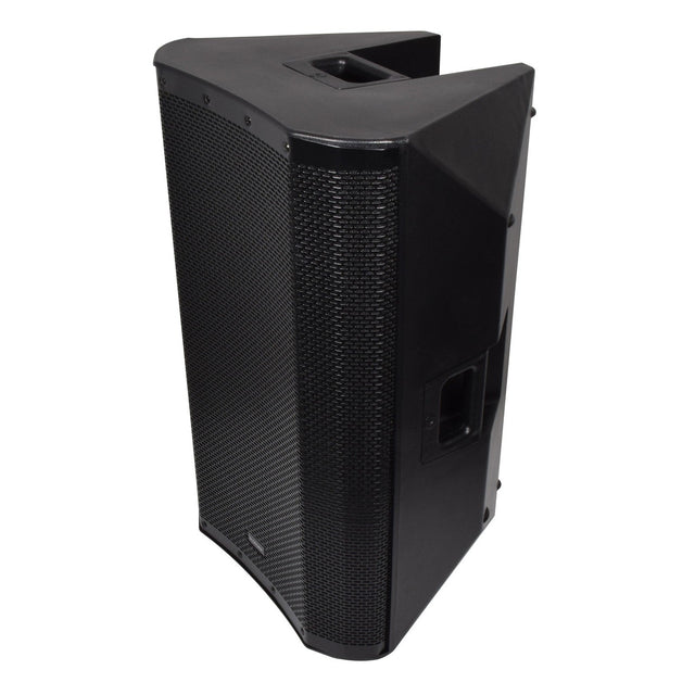 The Citronic CASA-15 Passive 15" Full Range PA Cabinet - 400W is shown against a white background. It features a black, angular design with a mesh front and a handle on top. With high-efficiency drivers, its modern and sleek build includes visible controls on the side for optimal sound reinforcement.