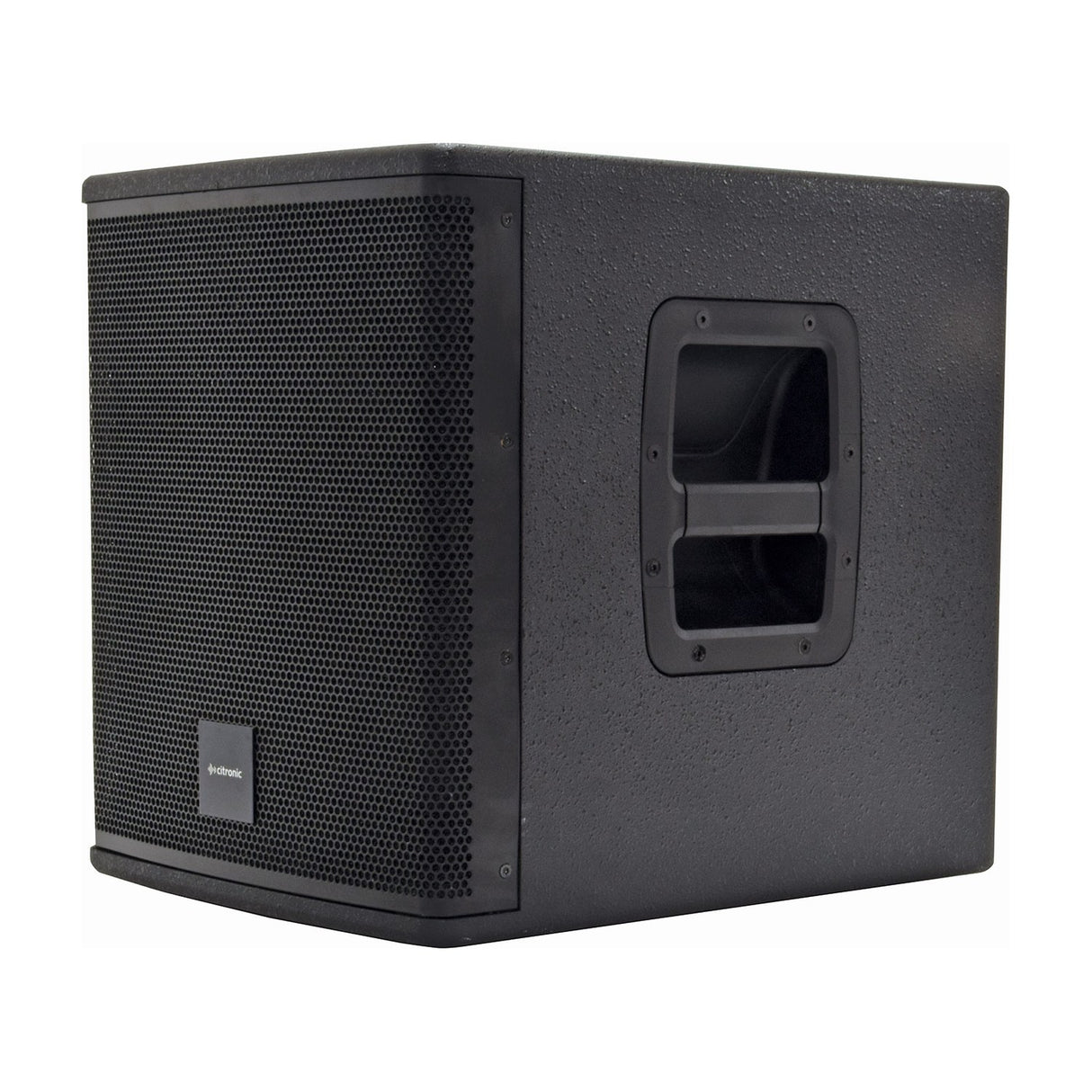 Citronic CASA-10BA active 300W subwoofer cabinet in black textured finish with steel mesh grille and side carry handle, shown on a white background.