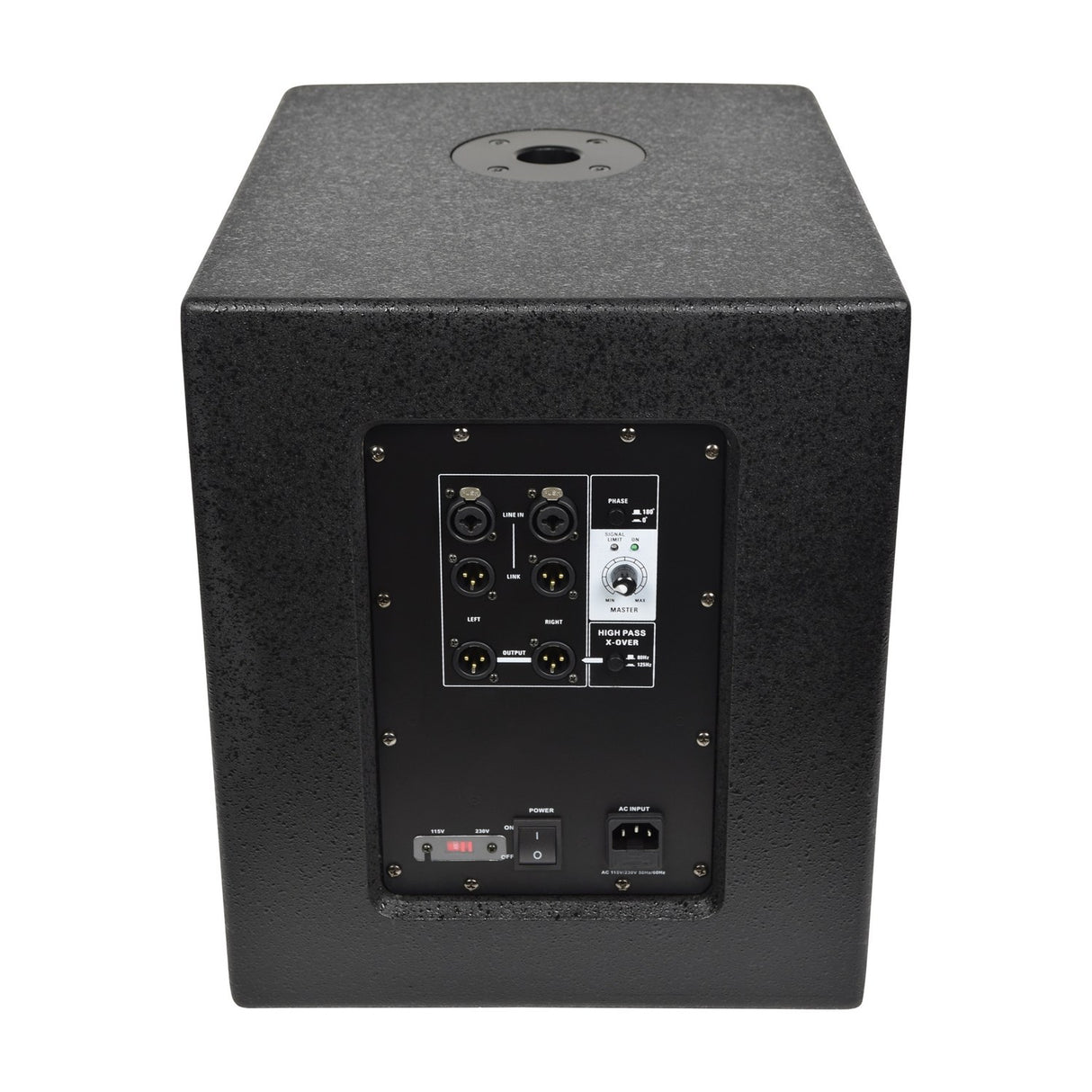 Rear view of Citronic CASA-10BA 300W active subwoofer with XLR inputs, link outputs, phase switch, level, high-pass crossover and IEC power.
