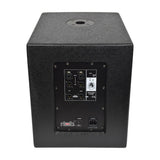 Rear view of Citronic CASA-10BA 300W active subwoofer with XLR inputs, link outputs, phase switch, level, high-pass crossover and IEC power.