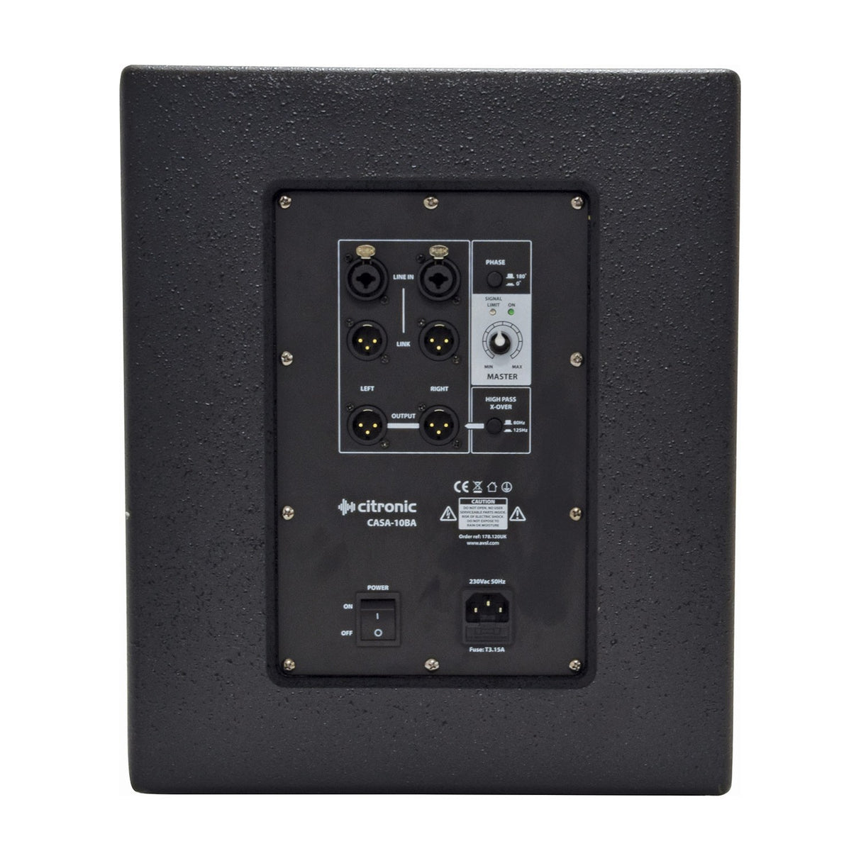 Rear panel of the Citronic CASA-10BA active subwoofer showing XLR line inputs and outputs, phase switch, master level, crossover, and IEC power inlet.