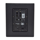 Rear panel of the Citronic CASA-10BA active subwoofer showing XLR line inputs and outputs, phase switch, master level, crossover, and IEC power inlet.