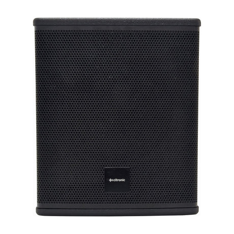 Citronic CASA-10B passive subwoofer cabinet in matte black with full steel mesh grille and front logo badge, shown against a plain white background.