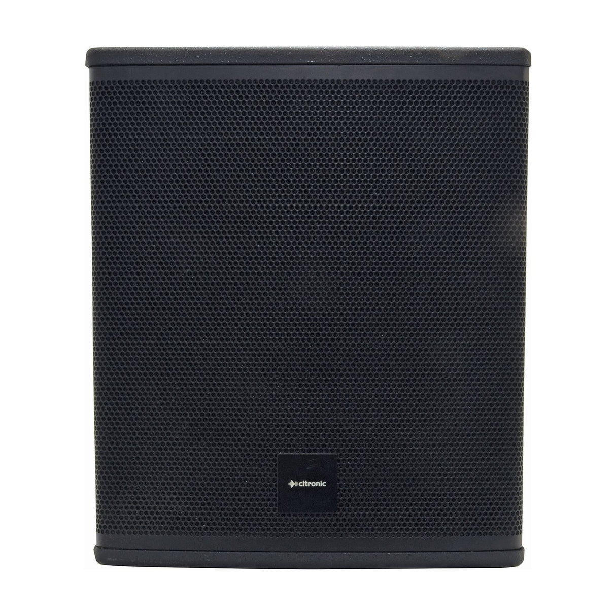Citronic CASA-12B 400W passive subwoofer cabinet in matte black with a full steel mesh grille and front logo badge, shown on a plain white background.