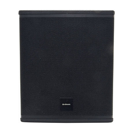 Citronic CASA-12B 400W passive subwoofer cabinet in matte black with a full steel mesh grille and front logo badge, shown on a plain white background.