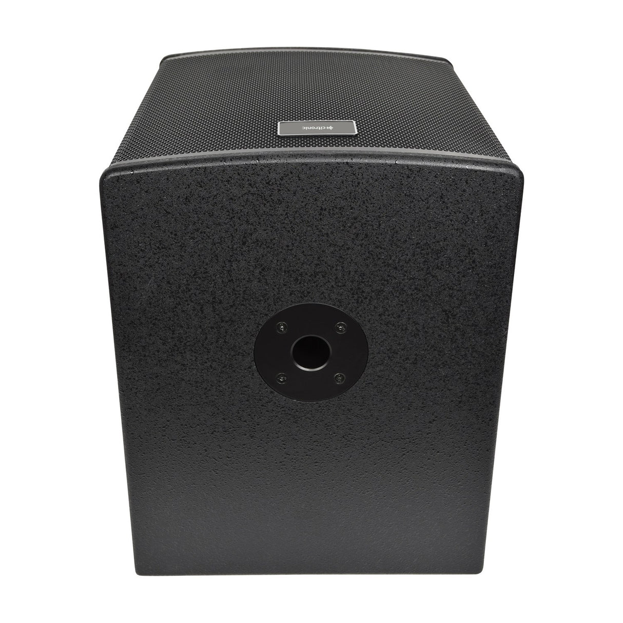 Citronic CASA-12B 400W passive subwoofer cabinet in textured black finish, shown from above with steel mesh grille and 35mm pole mount socket.