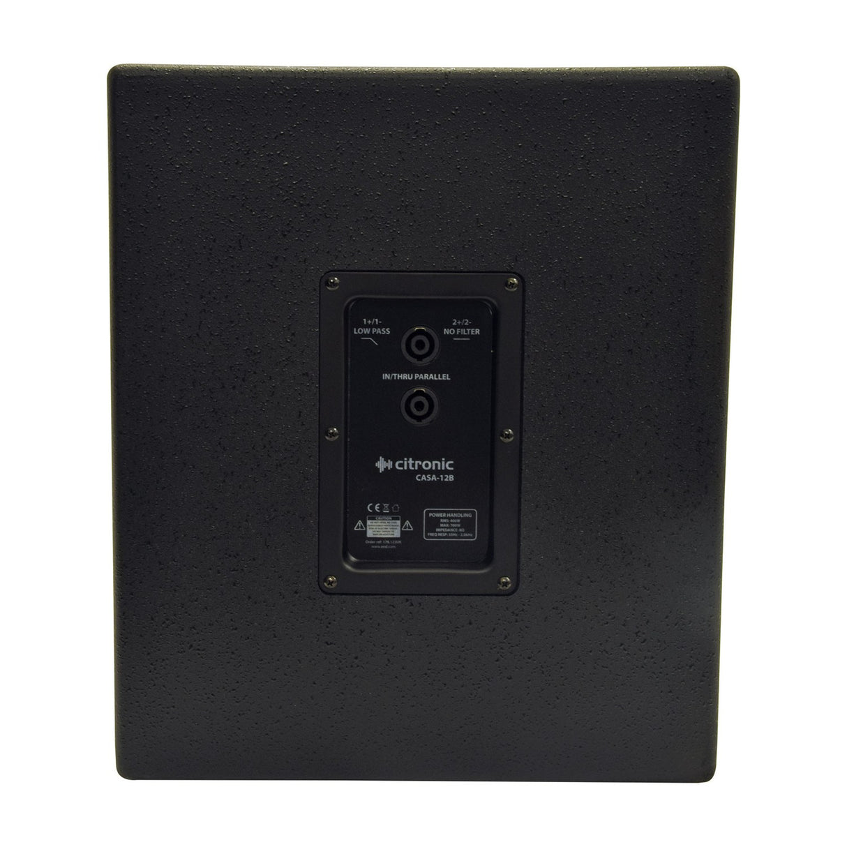 Rear view of the Citronic CASA-12B 400W passive subwoofer in matte black, showing the recessed panel with two Speakon sockets and specification label.