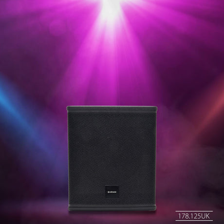 Citronic CASA-15BA 15" active subwoofer with front steel grille and matte black cabinet, set against a purple and blue stage lighting backdrop.