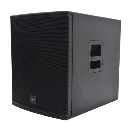 Citronic CASA-18BA 18" active subwoofer cabinet in matte black with steel mesh grille and side carry handle, shown at an angle on a white background.