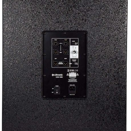 Rear amplifier panel of the Citronic CASA-18BA active subwoofer by AVSL, showing XLR line inputs, link and outputs, phase switch, master level, and IEC power.