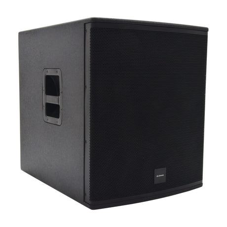 Citronic CASA-18B 18" passive subwoofer cabinet in matte black with steel mesh grille, side carry handle, and textured MDF finish on a white background.