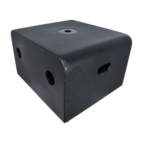 Citronic LOSUB-15A low profile 600W active subwoofer with matte black polyurea-finished MDF cabinet, pole mount socket and routed handles, on white.